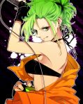  alternate_hairstyle armpits breasts earrings fingerless_gloves gloves green_eyes green_hair grin gumi jewelry kijin megpoid_(vocaloid3) microphone ponytail short_hair sideboob smile solo under_boob underboob vocaloid 
