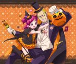  1girl :d black_legwear blonde_hair blue_eyes boots bunbee candy cape dress formal grin halloween happy hat height_difference jack-o&#039;-lantern jack-o'-lantern maeashi open_mouth orange_background orange_dress orange_legwear pants pink_hair pointy_ears precure pumpkin purple_eyes short_hair short_twintails smile striped striped_legwear suit thigh-highs thighhighs top_hat twintails two_side_up violet_eyes wand witch_hat yes!_precure_5 yumehara_nozomi 