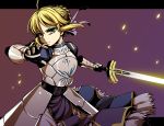  armor armored_dress blonde_hair dress excalibur face fate/stay_night fate_(series) fire gauntlets glowing glowing_sword glowing_weapon green_eyes hair_ribbon ribbon saber sword uousa weapon 
