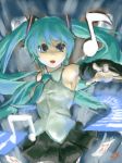 aqua_eyes aqua_hair armpits blue_eyes detached_sleeves hatsune_miku lowres musical_note oekaki open_mouth outstretched_hand piano_keys shift_(0808) signature solo twintails vocaloid 