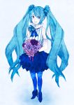  blue_eyes blue_hair bouquet elbow_gloves flower gloves hatsune_miku long_hair machiko_(machi_machi) pantyhose skirt smile solo twintails very_long_hair vocaloid 