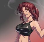  breasts brown_eyes brown_hair cigarette crop_top grin long_hair midriff payot ponytail red_hair revy smile smoke smoking solo tank_top taut_shirt teeth yuuno_(hack_y) 