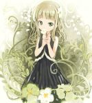  abe_kanari bangs bare_shoulders black_dress blonde_hair blunt_bangs child covering covering_face covering_mouth dress flower green_eyes hair_flower hair_ornament hands_together highres holding holding_flower long_hair original signature solo 