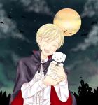  1boy axis_powers_hetalia bat bat_wings blonde_hair cape closed_eyes dog eyes_closed fangs finland_(hetalia) hana-tamago male moon short_hair smile vampire wings 