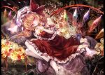  afraco barefoot blonde_hair butterfly butterfly_hair_ornament flandre_scarlet flower frills hair_ornament hat long_hair lying on_side pillarboxed pink_eyes shackle side_ponytail skirt solo the_embodiment_of_scarlet_devil touhou wings 