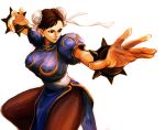  brown_eyes brown_hair bun_cover capcom china_dress chinese_clothes chun-li double_bun earrings fighting_stance hands highres jewelry kom_(kom1128) pantyhose spiked_bracelet spikes street_fighter 