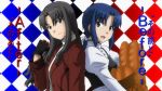  adult alternate_hairstyle argyle argyle_background back-to-back baguette basket bread carnival_phantasm ciel crossover elesia fate/stay_night fate_(series) food gloves green_eyes half_updo highres long_hair multiple_girls payot ponytail teenage tohsaka_rin toosaka_rin tsukihime type-moon young 