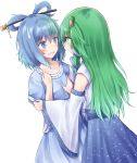  blue_eyes blue_hair blush breast_grab breasts collarbone detached_sleeves dress frog green_eyes green_hair hair_ornament hair_rings hair_stick kaku_seiga kochiya_sanae long_hair multiple_girls open_mouth sarashi short_hair simple_background suzushiro_yukari sweatdrop touhou yuri 