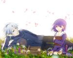  book cherry_blossoms child depth_of_field dress fate/stay_night fate/zero fate_(series) flower hair_ribbon haruto_(artist) hoodie lens_flare light_particles lilac lilacs lying matou_kariya matou_sakura petals purple_eyes purple_hair ribbon sitting uncle_and_niece violet_eyes white_hair 