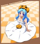  arm_support bad_id bare_shoulders blue_hair breasts checkered checkered_floor chiki_(artist) cleavage dress halloween happy_halloween jack-o&#039;-lantern jack-o'-lantern long_hair object_on_head on_floor open_mouth original pumpkin purple_eyes sitting smile solo violet_eyes white_dress 