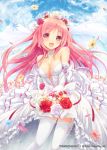  1girl :d akkijin bare_shoulders bouquet breasts bridal_veil choker cleavage detached_sleeves dress flower garter_straps hair_flower hair_ornament jewelry long_hair necklace open_mouth petals pink_eyes shinkai_no_valkyrie smile solo strapless_dress thighhighs veil wedding_dress white_legwear 