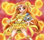  1041_(toshikazu) boots bow brooch choker circlet cure_muse cure_muse_(yellow) dress hair_ribbon heart jewelry long_hair magical_girl orange_hair precure red_eyes ribbon ruffles shirabe_ako smile solo suite_precure 