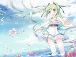  bare_shoulders blue_sky blush breasts buckle cleavage cloud dress flower foreshortening green_eyes green_hair hatsune_miku jin_young-in open_mouth outstretched_arms panties petals see-through sky solo spread_arms sundress twintails underwear vocaloid wading water white_dress wind 