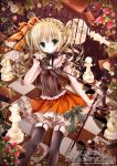  alicetear bat blonde_hair blush bow braid cake checkered checkered_floor chess copyright_request crown food food_themed_clothes full_moon garter_straps gate green_eyes hair_ornament halloween happy_halloween light_particles moon mubi_alice neck_ribbon pumpkin pumpkin_hair_ornament rapier ribbon scabbard sheath short_hair skirt solo sword thigh-highs thighhighs unsheathe vines watermark weapon web_address wings 