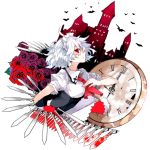  alternate_costume castle flower hand_on_own_chest hand_to_chest izayoi_sakuya knife maid maid_headdress profile rooseputo_02 rose short_hair solo throwing_knife touhou watch weapon white_hair 