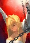  arcueid_brunestud armpits arms_up bare_shoulders blonde_hair breasts chain chained chains cleavage detached_sleeves dress highres long_hair melty_blood red_eyes solo strapless_dress taii_gp01 tsukihime type-moon 