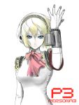 android arm_up blonde_hair blue_eyes bow girigiri highres persona persona_3 short_hair solo 