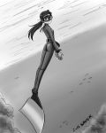  copyright_request diving_mask freediving long_hair monochrome monofin ocean ponytail saver_(artbysaver) saver_(artist) simple_background smile solo underwater water wetsuit 
