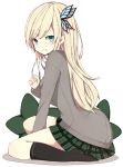  1girl black_legwear blonde_hair blue_eyes boku_wa_tomodachi_ga_sukunai butterfly_hair_ornament hair_ornament kashiwazaki_sena kneehighs long_hair meet_neet school_uniform simple_background sitting skirt solo wariza 