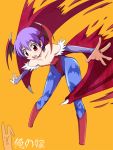  bare_shoulders blue_legwear boots bridal_gauntlets demon_girl flat_chest head_wings leaning_forward lilith_aensland n_(ruff) open_mouth orange_background outstretched_arms pantyhose pokute print_pantyhose purple_hair red_eyes short_hair spread_arms succubus vampire_(game) wings 
