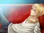 asayu blonde_hair casual couch fate/stay_night fate/zero fate_(series) gilgamesh jewelry male necklace red_eyes short_hair solo 