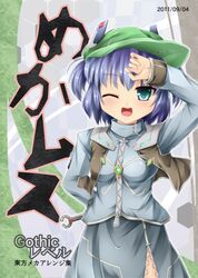  ;d arm_up blue_hair dress green_eyes hat kawashiro_nitori kuragari open_mouth raised_arm short_hair smile solo touhou vest wink 