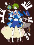  building dotted_outline earth green_eyes green_hair hat lamp mam233 midriff navel planet poncho sheep short_hair shorts smile solo star vocaloid wonderland_to_hitsuji_no_uta_(vocaloid) 