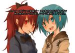 alternate_costume bad_id blue_eyes blue_hair bow face gumichoco hair_bow mahou_shoujo_madoka_magica miki_sayaka mouth_hold multiple_girls open_mouth pocky red_eyes red_hair redhead sakura_kyouko smile translated translation_request 
