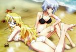  2girls beach ben-to bikini blonde_hair cleavage glasses nyantype scan shaga_ayame swimsuit white_hair yarizui_sen 