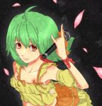  \m/ ahoge bare_shoulders bow girigiri green_hair highres macross macross_frontier microphone navel petals ranka_lee red_eyes ribbon short_hair skirt smile solo thigh-highs thighhighs wind 