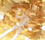  animal autumn autumn_leaves belt blonde_hair bunny closed_eyes eyes_closed floating laughing leaf male necktie open_mouth original outstretched_arms outstretched_hand rabbit short_hair smile solo sunbeam sunlight touki_no_tsubo tree yellow 