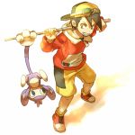  1boy aipom backwards_hat black_hair cue_stick glasses goggles goggles_on_head gold_(pokemon) grin hat human male mess_(artist) pokemon pokemon_(creature) pokemon_special pokemon_trainer shoes shorts simple_background smile solo white_background yapo_(mess) yellow_eyes 