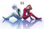  ayanami_rei back-to-back blue_eyes blue_hair boyaking long_hair neon_genesis_evangelion plugsuit red_eyes red_hair redhead reflection short_hair smile soryu_asuka_langley souryuu_asuka_langley 