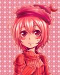  1girl alternate_costume alternate_hair_color blonde_hair blush bust crescent face gloves harusame_(unmei_no_ikasumi) hat lunasa_prismriver monochrome pink_hair short_hair solo spot_color sweatdrop sweater touhou wavy_mouth 