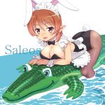  apron bowtie breasts brown_hair bunny_ears bunny_tail bunnysuit cleavage crocodile crocodilian detached_collar fang inflatable_toy large_breasts maid_headdress meow_(nekodenki) original pantyhose pointy_ears red_eyes riding short_hair tail water wet wet_clothes wrist_cuffs 