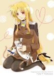  blonde_hair breasts cat character_name fate_testarossa gen_(enji) green_eyes heart heart_of_string heterochromia long_hair low-tied_long_hair lyrical_nanoha mahou_shoujo_lyrical_nanoha mahou_shoujo_lyrical_nanoha_strikers pantyhose red_eyes sitting smile solo title_drop uniform wariza 