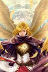  androgynous armor blonde_hair brown_eyes cape cloak dragon_nest feathers geraint gerrant long_hair magic_circle male mokuha solo sword weapon wings 