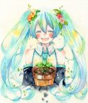  aqua_hair bare_shoulders blush closed_eyes detached_sleeves eyes_closed flower hair_flower hair_ornament harutou_(ticta) hatsune_miku hello_planet_(vocaloid) long_hair necktie open_mouth plant potted_plant smile solo tears traditional_media twintails vocaloid watercolor_(medium) 