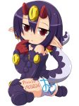  ass boots desco disgaea disgaea_4 earrings gloves highres horns jewelry makai_senki_disgaea_4 monster_girl panties pantyshot pantyshot_(sitting) pantyshot_sitting pointing pointy_ears purple_hair purple_legwear red_eyes short_hair signature simple_background sitting solo tail thigh-highs thigh_boots thighhighs underwear wariza 