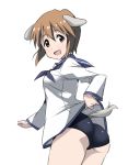  1girl animal_ears brown_eyes brown_hair hagiwara_yukiho idolmaster looking_at_viewer miyafuji_yoshika miyafuji_yoshika_(cosplay) open_mouth school_swimsuit short_hair solo strike_witches swimsuit swimsuit_under_clothes tail yumekaranigeruna 