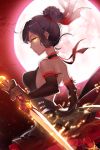  backlighting black_hair breasts choker elbow_gloves frills gathers gilse gloves hair_bun lace lowres moon ruffles sheath skirt solo sword sword_girls weapon yellow_eyes 