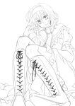  alice_margatroid bad_id boots capelet cross-laced_footwear hairband lace-up_boots lineart monochrome necktie oxstar short_hair sitting solo touhou 