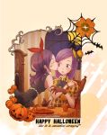  aono_miki bat cure_blue_(aoryu) drink facial_mark fresh_precure! gloves hairband halloween happy_halloween hat heart higashi_setsuna highres jack-o&#039;-lantern jack-o'-lantern kiss long_hair multiple_girls night orange_background pie plaid precure pumpkin purple_hair spider_web table top_hat yuri 