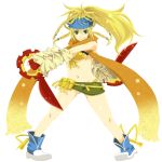  bikini blonde_hair braid dagger dual_wielding final_fantasy final_fantasy_x final_fantasy_x-2 gloves green_eyes hair_bobbles hair_ornament kasetsu long_hair midriff navel ponytail rikku scarf shoes skirt smile solo swimsuit weapon 