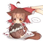  1girl :3 ahoge animal_ears barefoot blush bow brown_eyes brown_hair chibi chocolate chocolate_coin feet hair_bow hair_tubes hakurei_miku hakurei_reimu kemonomimi_mode lowres petting sleeves_past_wrists solo tail tosura-ayato touhou 