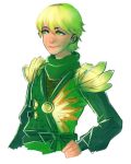  1boy armor blonde_hair green_eyes hand_on_hip japanese_armor japanese_clothes lloyd_garmadon ninjago short_hair shoulder_pads smile sode solo turtleneck 