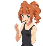  a1 blush brown_hair green_eyes idolmaster one-piece_swimsuit open_mouth portrait simple_background smile solo swimsuit takatsuki_yayoi twintails white_background 