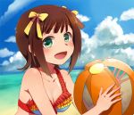  ball beach brown_hair doseki_udon green_eyes hair_ribbon idolmaster open_mouth ribbon short_hair smile swimsuit 