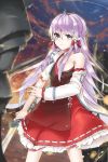  bangs breasts coat dress frills hair_ribbon japanese_clothes long_hair lowres pintail pinteil purple_eyes purple_hair ribbon solo striped sword sword_girls torn_clothes violet_eyes weapon 