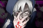  blood blood_on_face covering covering_face fate/stay_night fate/zero fate_(series) heterochromia hoodie jirafu male matou_kariya solo white_hair 